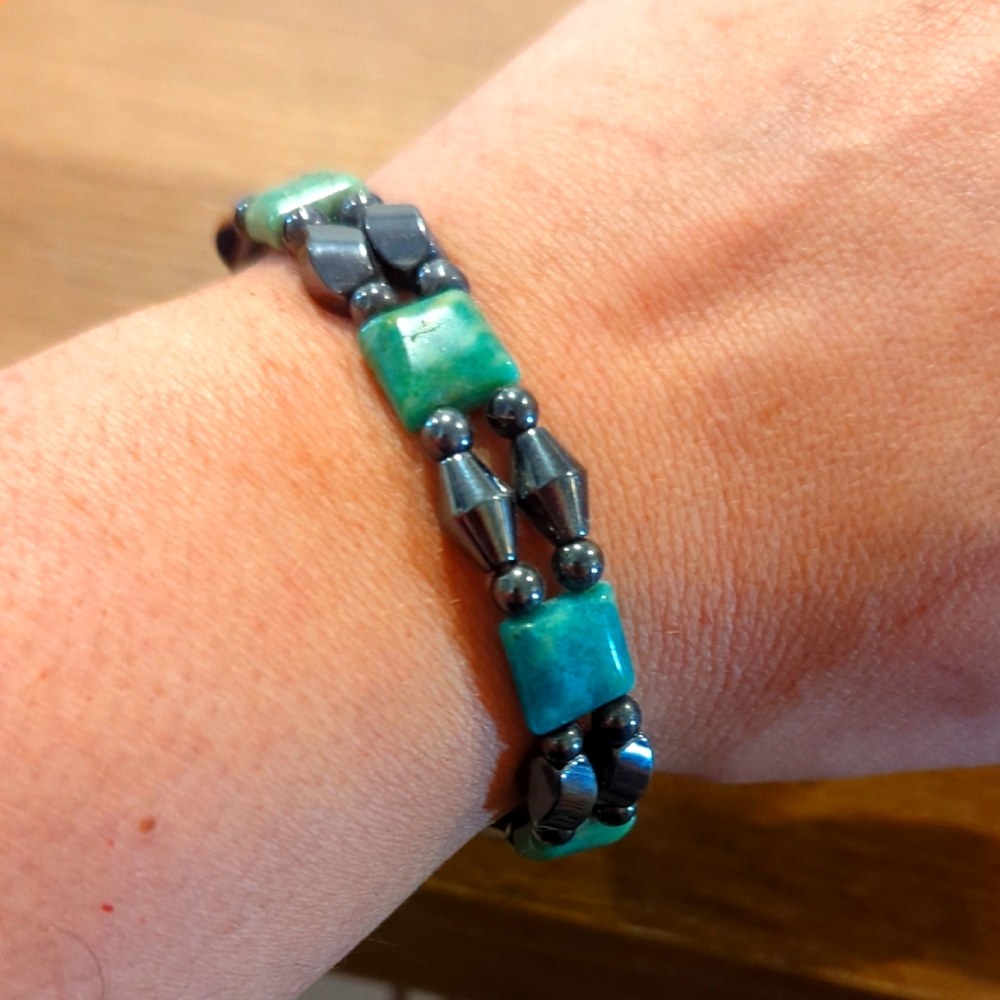 Magnetic Therapy Hematite Bracelet TURQUOISE & SILVER Double‎ Beaded